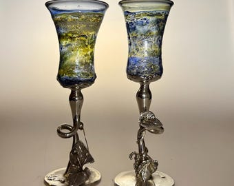 Art Nouveau Sterling Silver and Art Glass Champagne Flute Pair, David Barak, Signed 925,