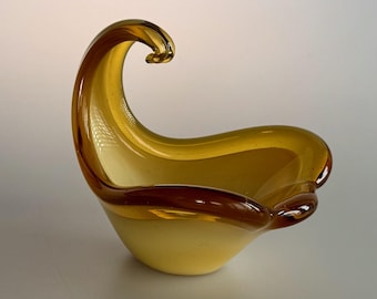 Vintage Amber Art Glass Dish, Hand Blown Multi Layer, Organic Form, Murano Style, 1960s-70s