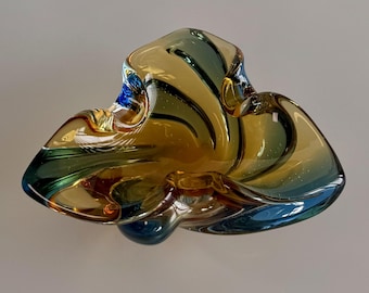 Vintage Sommerso Art Glass Bowl, Amber and Blue Hand Blown, Murano Style, 1960s-70s