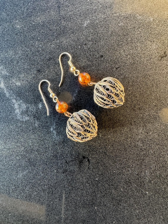 Vintage Filigree Silver Orb Drop Earrings Artisan Statement