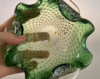 Vintage Green Art Glass Bowl, Silver Fleck, Hand Blown Lobed Rim, Murano Style, 1960s-70s