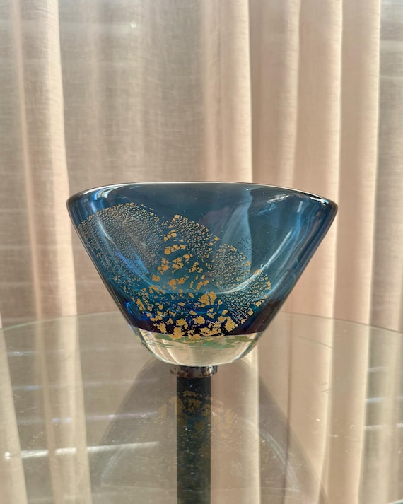 Cobalt Blue Art Glass Bowl with Gold Leaf — Handblown Studio Glass Centrepiece