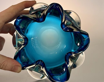 Vintage Teal Blue Art Glass Bowl, Hand Blown Ruffled Rim, Murano Style, 1960s-70s