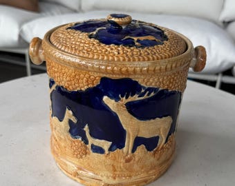 Vintage Hand Painted Biscuit Barrel with Deer Relief – Made in Japan