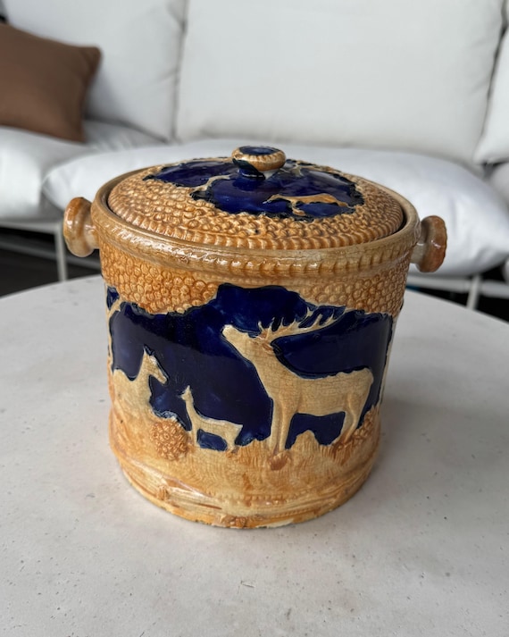 Vintage Hand Painted Biscuit Barrel with Deer Relief – Made in Japan
