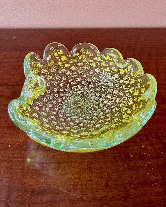 Vintage Neon Yellow Murano Style Art Glass Bowl with Silver Leaf