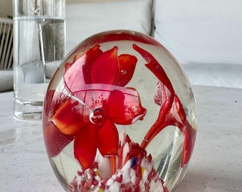 Handmade Glass Paperweight with Red Flowers – Murano Style Millefiori Base