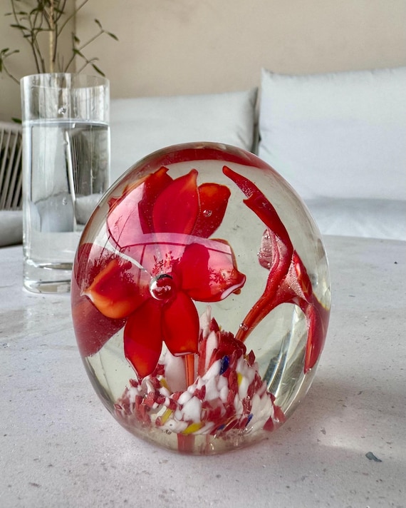Handmade Glass Paperweight with Red Flowers – Murano Style Millefiori Base