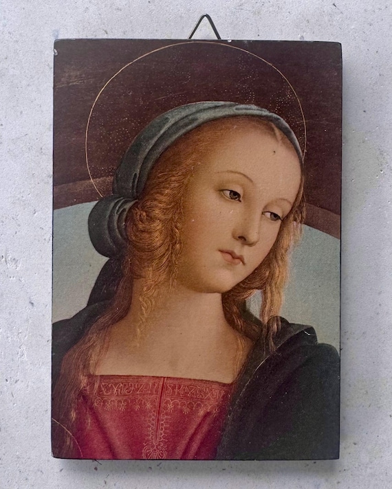 Vintage Madonna Wall Plaque – Renaissance Style Virgin Mary – Small Wooden Icon (13.5×9.5cm)