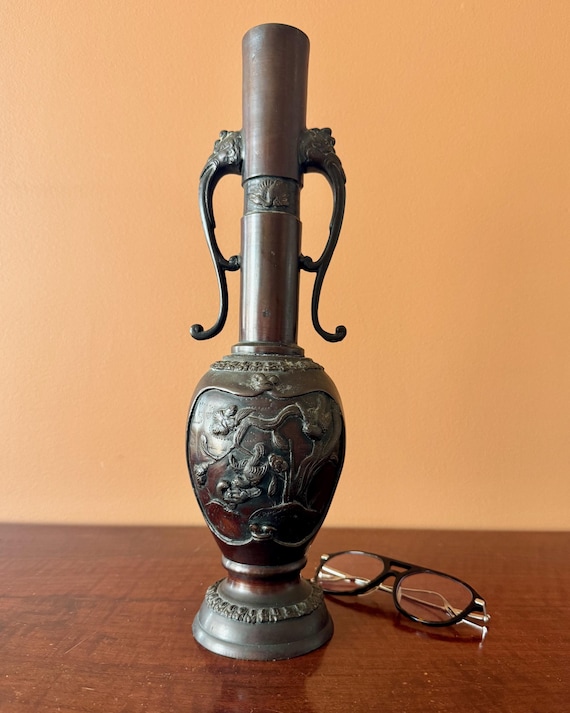 Meiji Period Japanese Bronze Vase 38cm Birds and Pine Relief