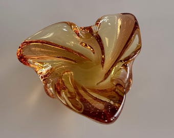 Vintage Amber Art Glass Bowl, Hand Blown Organic Form, Murano Style, 1960s-70s