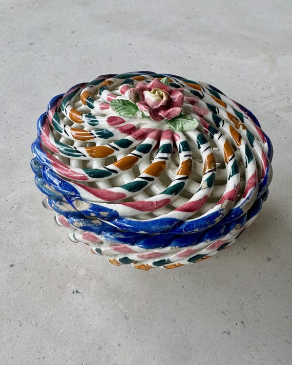 Vintage Hand Painted Ceramic Basket with Lid  Floral Spiral Design