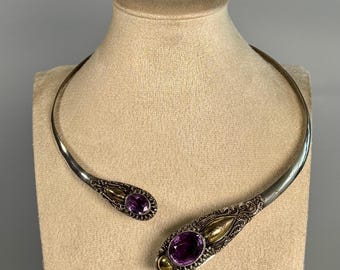 Sterling Silver Amethyst Torque Collar Necklace, Gold Detail, Filigree, 925, Vintage