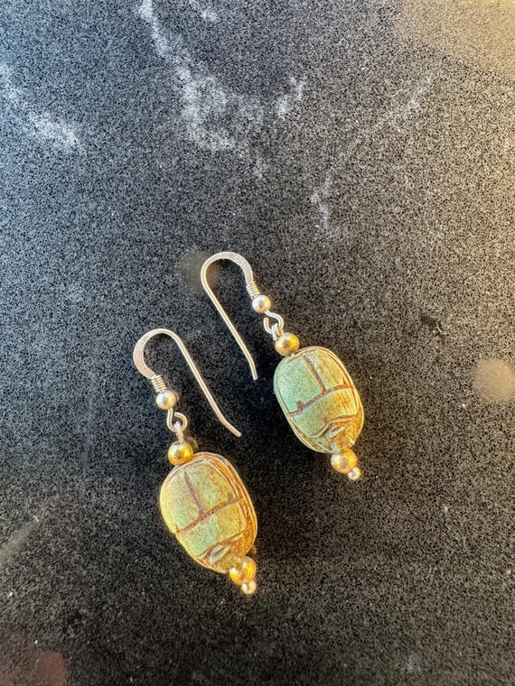 Egyptian Revival Scarab Drop Earrings Sterling Silver Hooks
