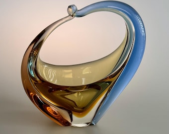 Vintage Sommerso Art Glass Basket, Amber and Blue Hand Blown, Murano Style, 1960s-70s