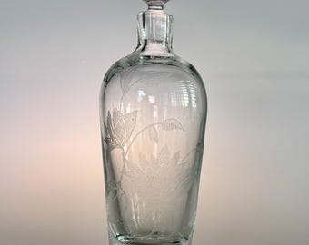 Kosta Sweden Crystal Decanter, Hand Engraved Floral, Artist Signed and Dated 1998, Original Label