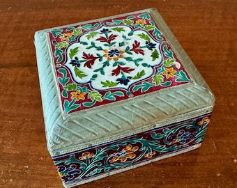 Vintage Enamel Floral Box Brass Trim Velvet Lined