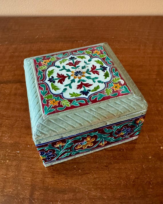 Vintage Enamel Floral Box Brass Trim Velvet Lined