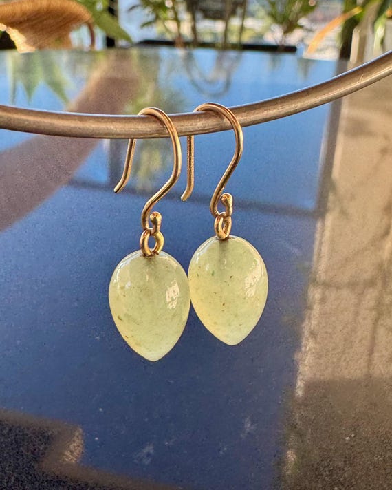 Gold and Natural Jade Teardrop Earrings 4.26g