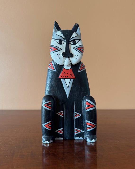 Hand-Painted Wooden Cat Figurine – Folk Art Style
