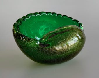 Vintage Murano Style Art Glass Bowl, Emerald Green with Gold Fleck, Hand Blown, 1960s-70s