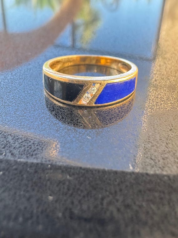 14K Gold Lapis Lazuli Onyx Ring with Two Diamonds Size P
