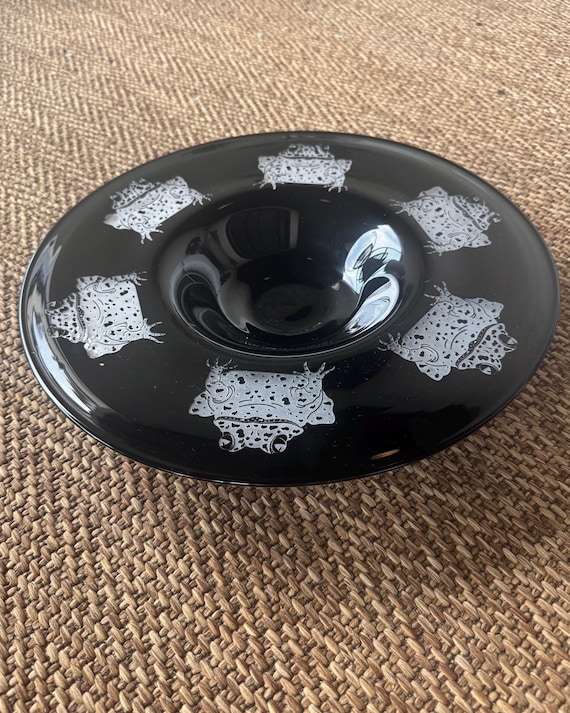 Large Handblown Black Art Glass Vessel with Frog Relief and Yellow Rim