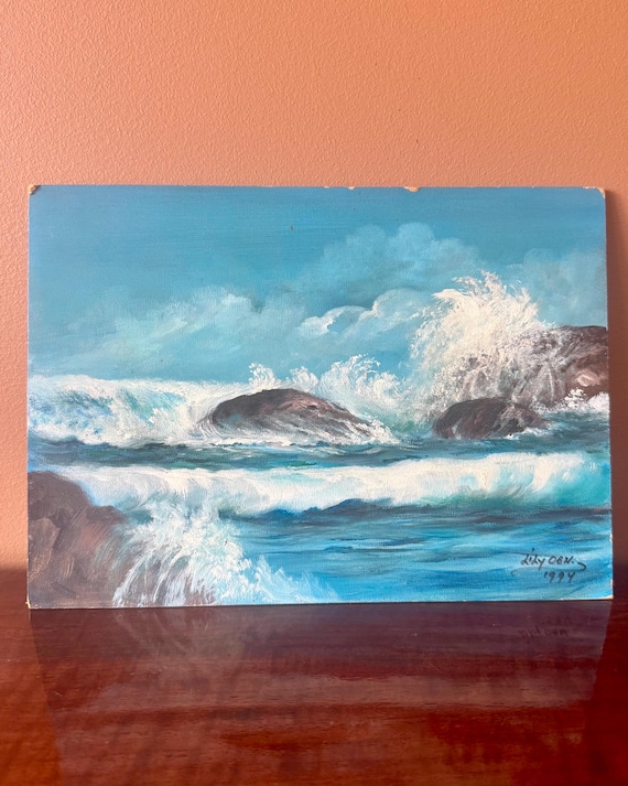 Vintage Seascape Painting – Crashing Waves Acrylic Art, Signed R. Lyons (23x32cm)