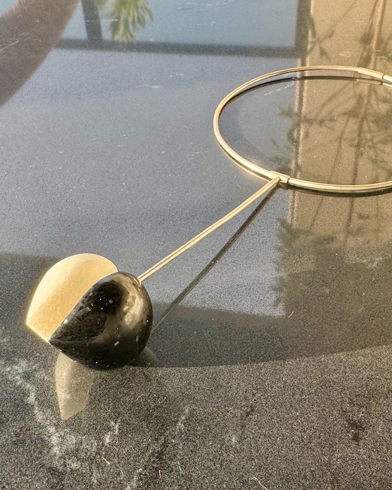 Vintage Sterling Silver Marble Neck Ring Black and White