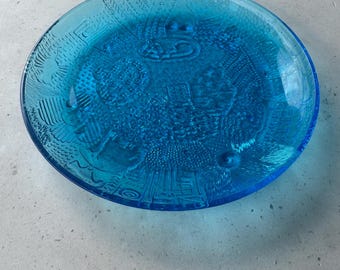 Oiva Toikka “Fauna” Glass Plate – Iittala / Nuutajärvi Finland – Blue 17cm Scandinavian Design