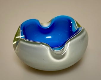 Vintage Sommerso Art Glass Bowl, Cobalt Blue and White Opaline, Murano Style, 1960s-70s