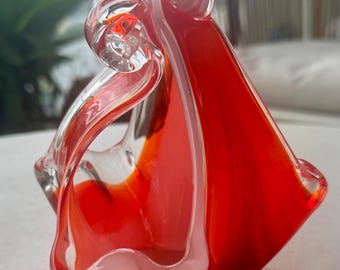 Vintage Murano Style Sommerso Art Glass Sculpture or Dish – Red & Clear Freeform Flame – 13cm