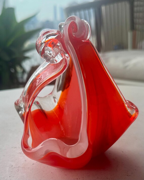 Vintage Murano Style Sommerso Art Glass Sculpture or Dish – Red & Clear Freeform Flame – 13cm