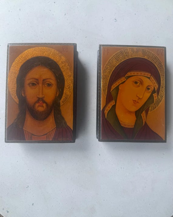 Pair of Russian Lacquer Icon Boxes – Christ Pantocrator & The Virgin – Gold Leaf Panels – 13×19cm
