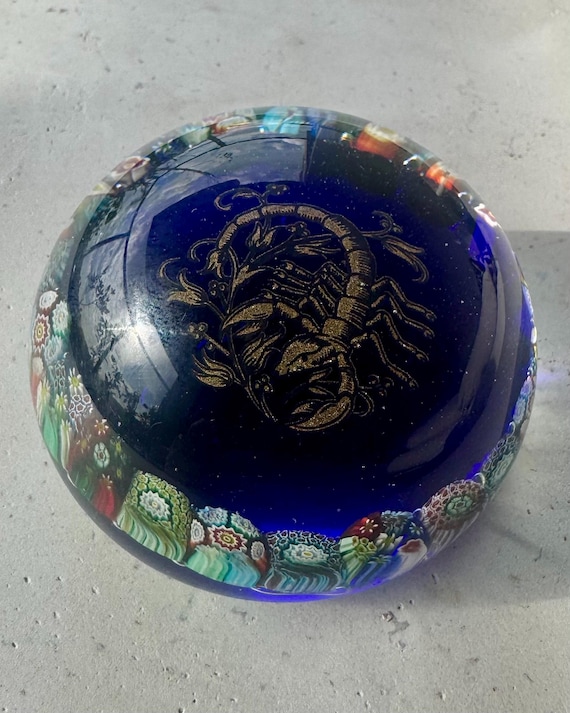 Murano-Style Millefiori Glass Paperweight with Gold Scorpion Motif – 7.5cm