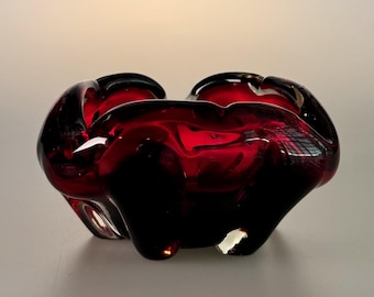 Vintage Ruby Red Art Glass Bowl, Hand Blown Organic Form, Murano Style, 1960s-70s