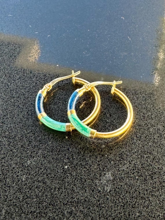Italian 9K Gold Enamel Hoop Earrings Blue and Green 375