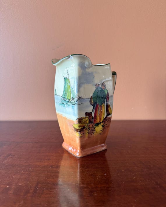 Vintage Royal Doulton Hand-Decorated Jug with Coastal Scene, England c.1920s