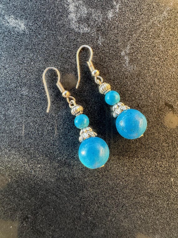 Turquoise Bead Drop Earrings 925 Sterling Silver Hooks
