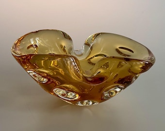Vintage Amber Art Glass Bowl, Hand Blown Dimpled Form, Organic, Murano Style, 1960s-70s