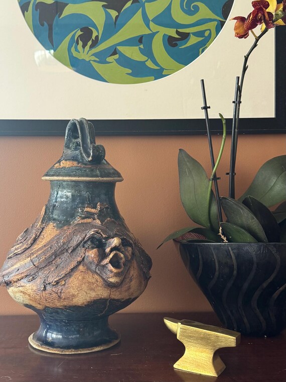 Large Signed Studio Pottery Vessel with Carved Face and Sculptural Lid