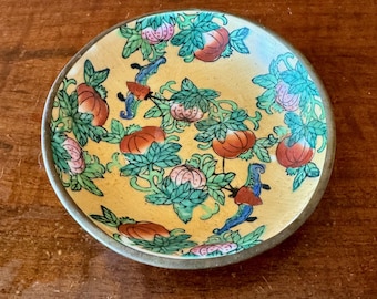 Vintage Chinese Hand Painted Dish with Copper Clad Rim and Wall Hanger 13cm
