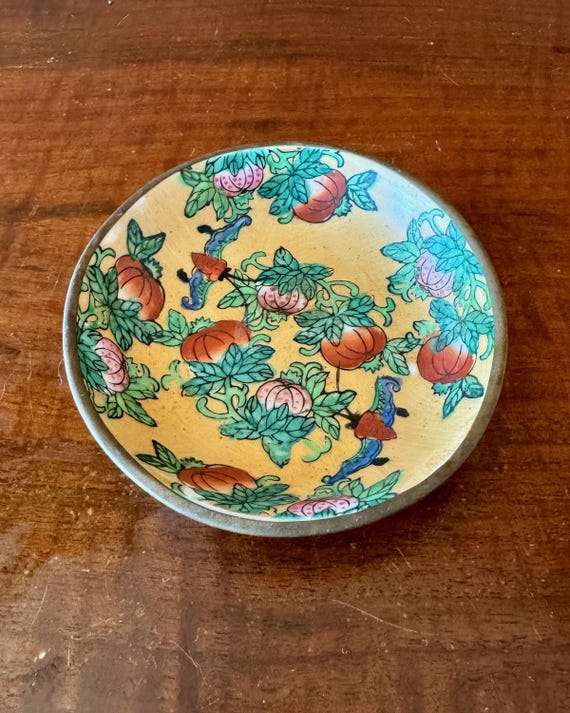 Vintage Chinese Hand Painted Dish with Copper Clad Rim and Wall Hanger 13cm