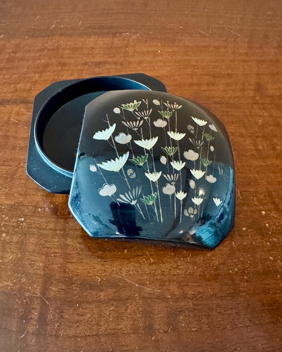 Vintage Japanese Lacquer Box Black Floral Dansab Mid Century