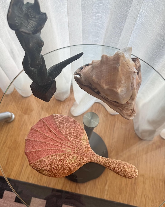 Vintage Bakelite Hand Mirror in Soft Coral Shagreen Texture