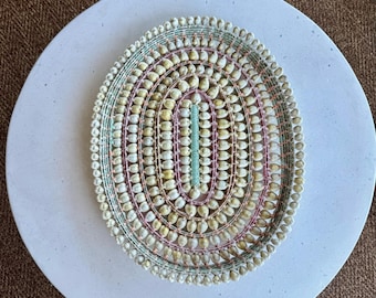 Large vintage hand-woven shell mat – 42cm – oval coastal décor