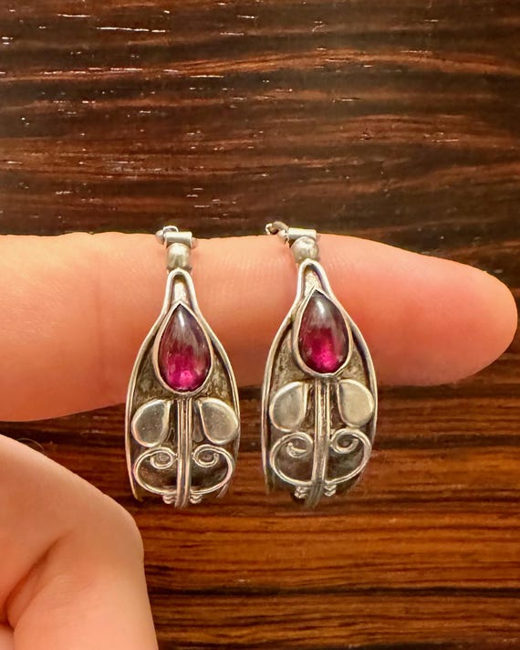 Handmade Silver Garnet Drop Earrings | Artisan Vintage Teardrop Cabochons | Statement Red Stone Earrings