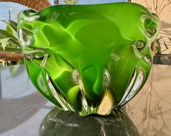 Vintage Emerald Green Sculptural Art Glass Bowl, Hand Blown Modernist Studio Glass