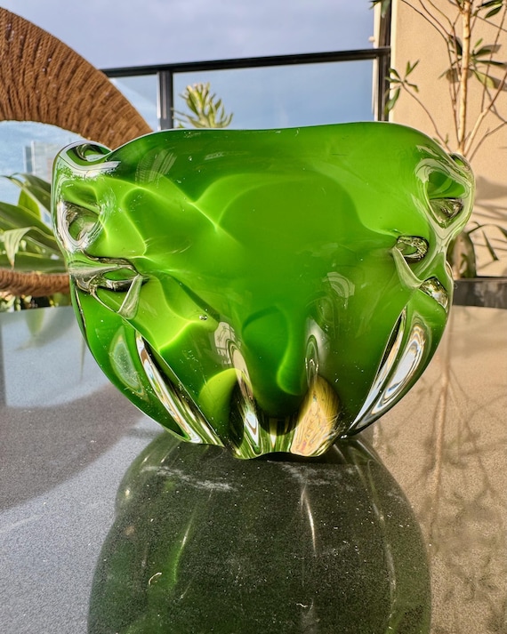 Vintage Emerald Green Sculptural Art Glass Bowl, Hand Blown Modernist Studio Glass