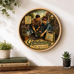 May include: Round wooden wall art with a vintage gardening scene. The artwork features a couple planting flowers, with the word "Gardening" prominently displayed. The text "A garden is a journey shared together" is also visible.